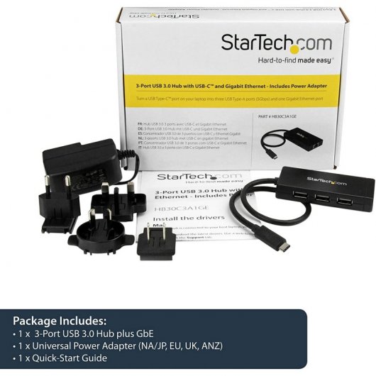 StarTech.com Hub USB-C à 3 ports avec Gigabit Ethernet - USB-C vers 3x USB-A - USB 3.0 - 5Gbps - Adaptateur d'alimentation inclus