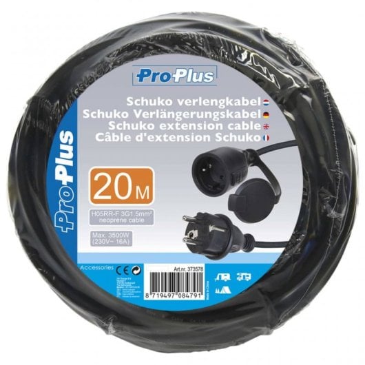 ProPlus Cable Extensión de Alimentación Schuko 20m Negro