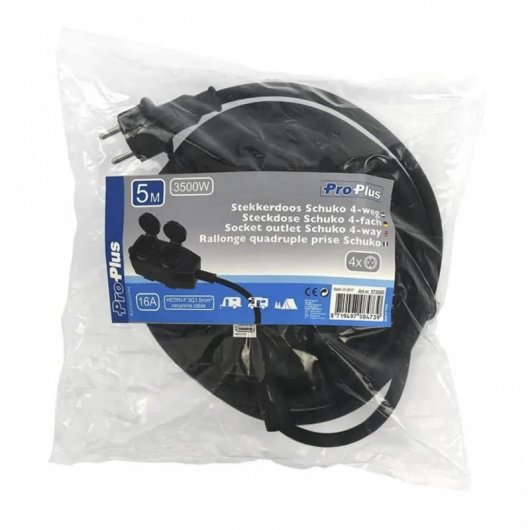 ProPlus Cable Extensión de Alimentación 4 Tomas Schuko 5m Negro