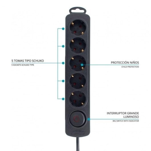 Régua de tomadas TM Electron 5 Tomadas com Proteção e Interruptor Preto