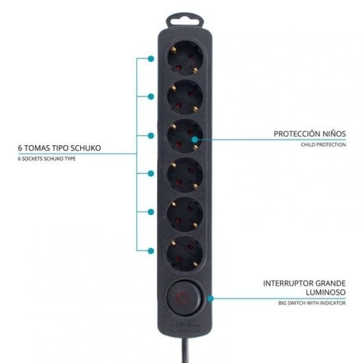 Multiprise TM Electron 6 Prises avec Protection Enfant Interrupteur Noir