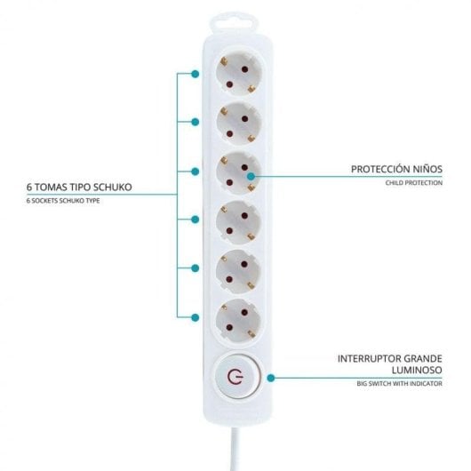 Régua de tomadas TM Electron TMUAD206WH 6 tomadas proteção interruptor 1,4 m cabo