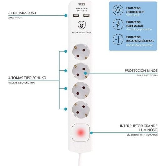 Multiprise TM Electron 4 Prises 2 USB Protection Interrupteur Blanc