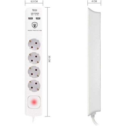 Multiprise TM Electron 4 Prises 2 USB Protection Interrupteur Blanc
