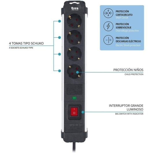 Multiprise TM Electron 4 Prises Protection contre Surtension Interrupteur Sécurité Enfant 1,4 m Noir
