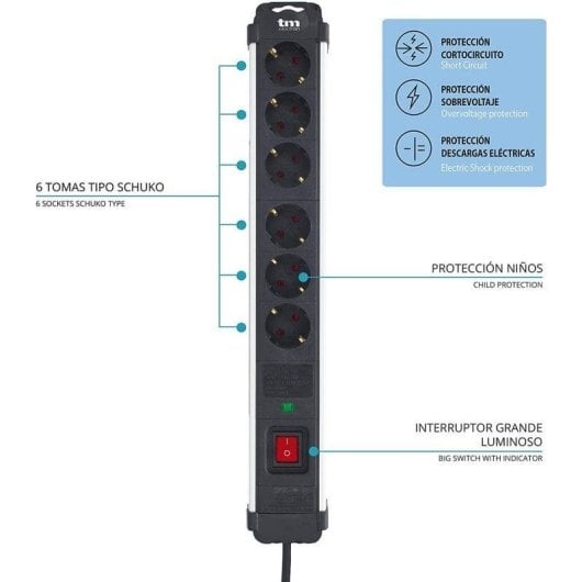 TM Electron Regleta 6 Tomas con Protección Negra