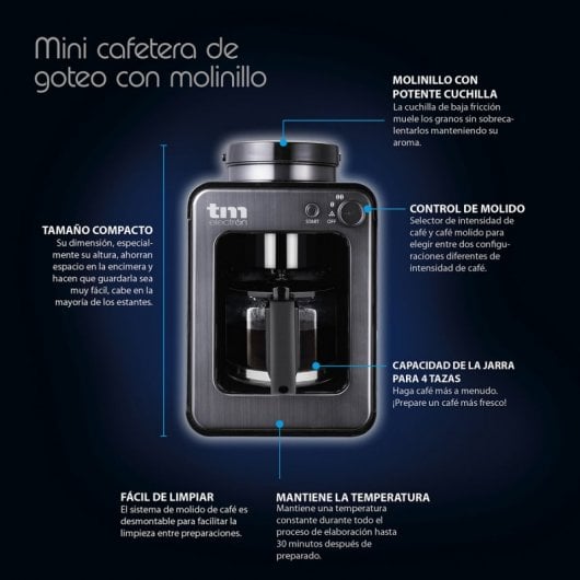 TM Electron Mini Cafetera de Goteo con Molinillo 4 Tazas 600W Gris