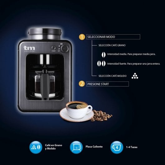 TM Electron Mini Cafetera de Goteo con Molinillo 4 Tazas 600W Gris