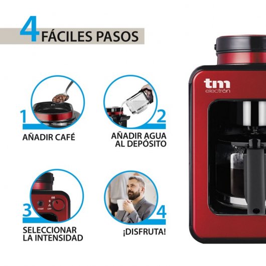 TM Electron Mini Cafetera de Goteo con Molinillo 4 Tazas 600W Roja