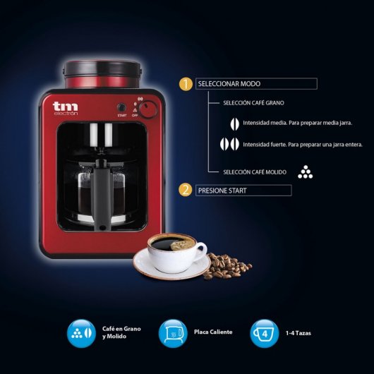 TM Electron Mini Cafetera de Goteo con Molinillo 4 Tazas 600W Roja