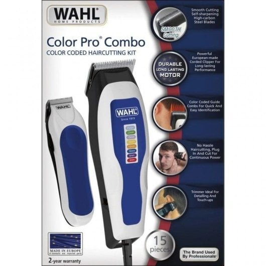 Máquina de Cortar Cabelo Profissional Wahl Color Pro Combo Com Fio 25mm 8 Pentes Lâminas Autoafiáveis
