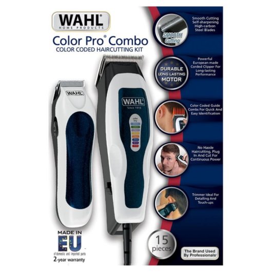 Máquina de Cortar Cabelo Profissional Wahl Color Pro Combo Com Fio 25mm 8 Pentes Lâminas Autoafiáveis