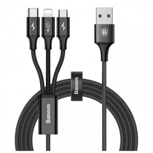 Baseus Cable Carga 3 en 1 USB-A a Lightning/ Micro USB/ USB-C 1.2m Negro