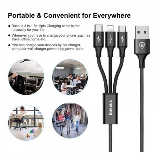 Baseus Cable Carga 3 en 1 USB-A a Lightning/ Micro USB/ USB-C 1.2m Negro