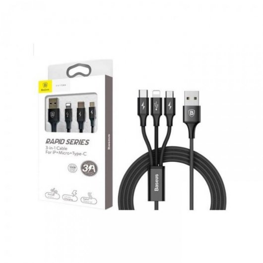 Baseus Cable Carga 3 en 1 USB-A a Lightning/ Micro USB/ USB-C 1.2m Negro