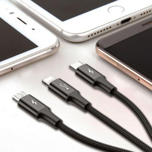 Baseus Cable Carga 3 en 1 USB-A a Lightning/ Micro USB/ USB-C 1.2m Negro