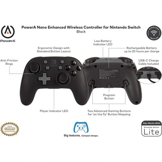 Power A Nano Mando Inalámbrico Negro para Nintendo Switch/Lite