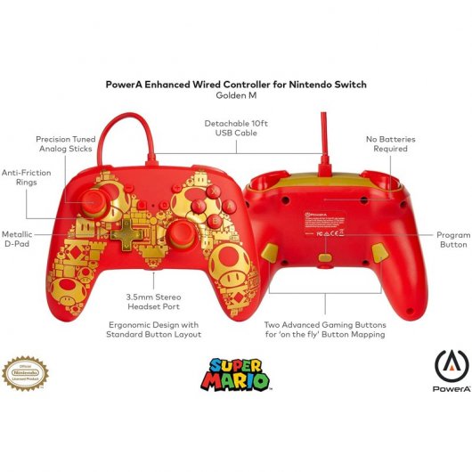 Alimenta un controller con cavo rosso Super Mario Bros M Gold per Nintendo Switch