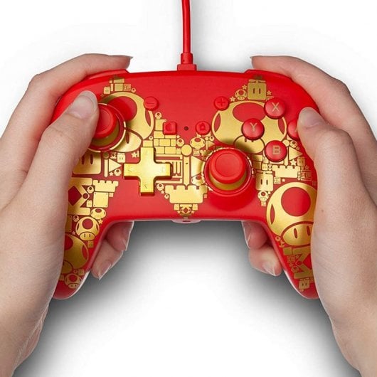 Alimenta un controller con cavo rosso Super Mario Bros M Gold per Nintendo Switch