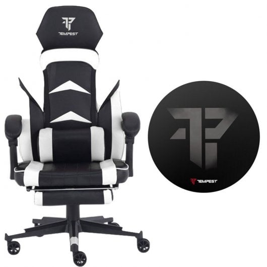 Tempest Pack F36-2 Silla Gaming con Reposapiés Negra/Blanca + Alfombra Circle of War