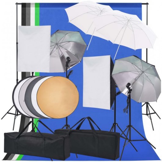 vidaXL Kit de Estudio Fotográfico 2 Softbox + 5 Fondos + 4 Paraguas + Reflector
