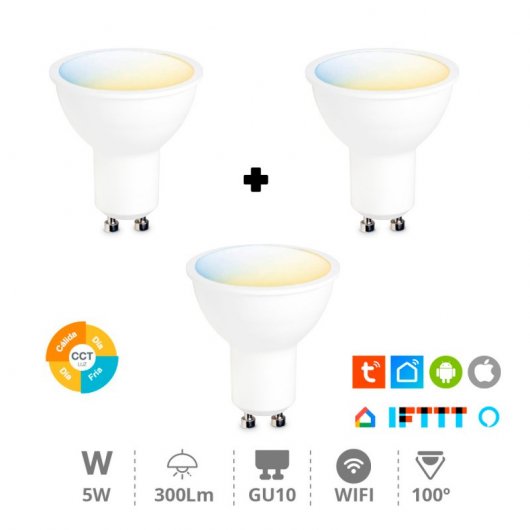 Garsaco Pack 3 Bombillas LED Dicroicas Inteligentes WiFi 5W GU10