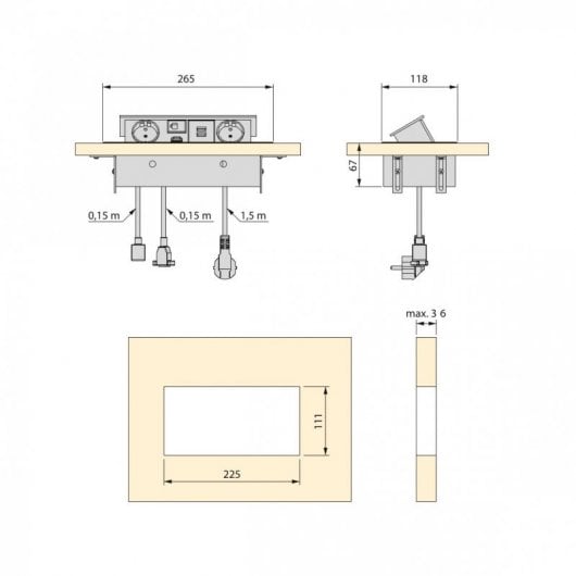 Emuca Enchufe Empotrable de Mesa Multiconector 265x120mm Aluminio