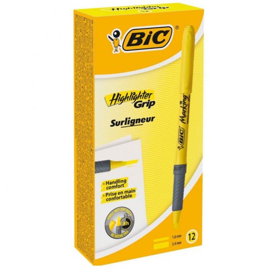 Bic Highlighter Grip Boite de 12 Feutres Fluorescents Jaunes