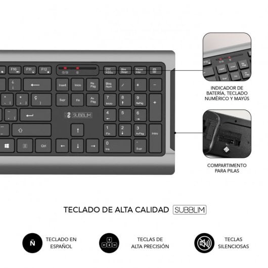 Clavier + Souris Sans Fil Subblim Gris/Noir