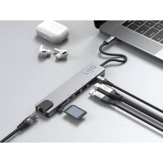 Linq 8en1 Pro Hub USB-C a USB-C/ 2x USB-A / HDMI/ RJ45/ Micro SD/ Tarjeta SD