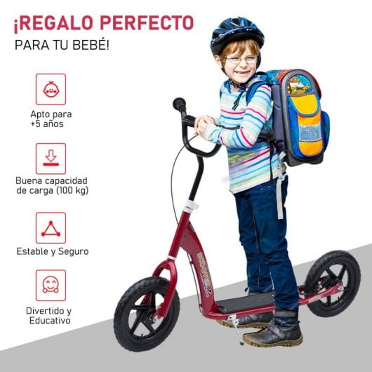 Homcom Scooter Patinete con Freno y Manillar Ajustable Rojo