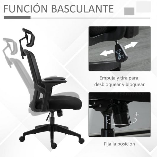 Vinsetto Silla de Oficina Transpirable con Reposacabezas Ajustable Negra