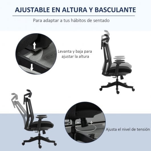 Vinsetto Silla de Oficina Ergonómica con Reposacabezas Negra
