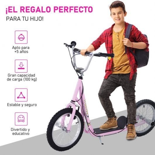 Homcom Scooter Patinete con Frenos y Manillar Ajustable Rosa