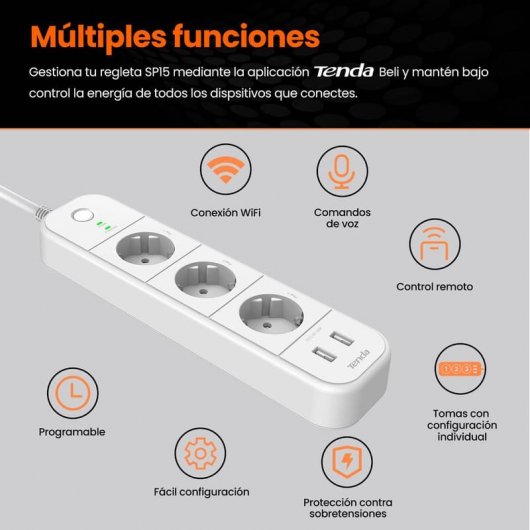 Tenda SP15 Enchufe Inteligente Wi-Fi Smart Power Strip con 3 Zócalos y 2 USB