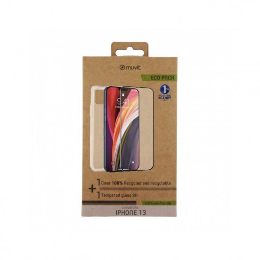 Muvit for Change Pack Cristal Templado Marco Negro + Funda Cristal Soft para iPhone 13