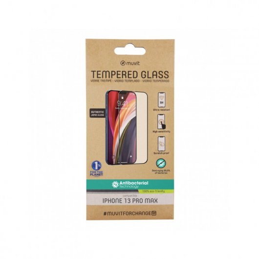 Muvit for Change Protector Pantalla Cristal Templado Marco Negro Antibacteriano para iPhone 13 Pro Max