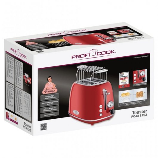 ProfiCook TA 1193 Retro Tostadora 2 Rebanadas 815W Roja