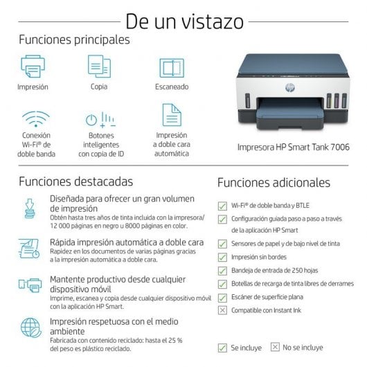 HP Smart Tank Stampante multifunzione 7006, Stampa, scansione, copia, wireless, scansione verso PDF