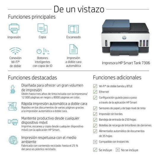 HP Smart Tank Stampante multifunzione 7306, Stampa, Scansione, Copia, ADF, Wireless, ADF da 35 fogli, scansione verso PDF, stampa fronte/retro