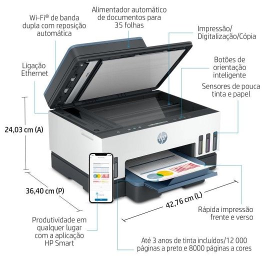 HP Smart Tank Stampante multifunzione 7306, Stampa, Scansione, Copia, ADF, Wireless, ADF da 35 fogli, scansione verso PDF, stampa fronte/retro
