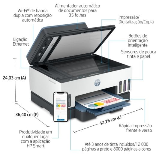 HP Smart Tank 7306 Impressora Multifunções a Cores Duplex WiFi + 3 anos de tinta incluídos