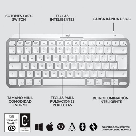 Logitech MX Keys Mini Tastiera wireless Bluetooth Grigia