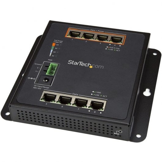 StarTech.com Switch industriale a 8 porte Gigabit PoE - 4 x PoE+ 30W - Power Over Ethernet - Switch gestito GbE Layer/L2 in metallo temprato - Commutatore di rete Gigabit ad alta potenza IP-30/ -40C a +75C