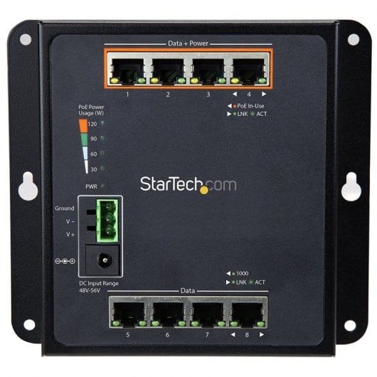StarTech.com Switch industriale a 8 porte Gigabit PoE - 4 x PoE+ 30W - Power Over Ethernet - Switch gestito GbE Layer/L2 in metallo temprato - Commutatore di rete Gigabit ad alta potenza IP-30/ -40C a +75C