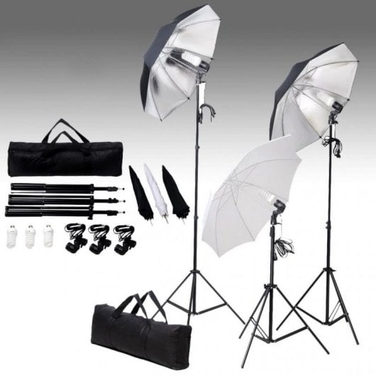 vidaXL Kit de Iluminação de Estúdio 3 Focos + Guarda-chuva