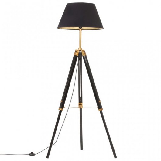 vidaXL Lampe trépied en bois de teck massif Noir et doré 141 cm