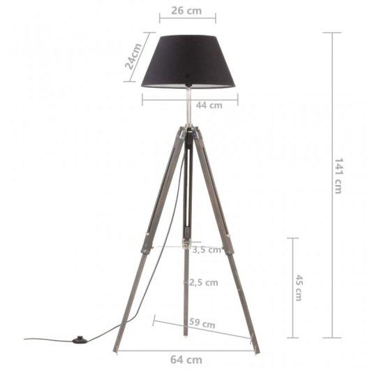 vidaXL Lampe trépied en bois de teck massif Noir et doré 141 cm
