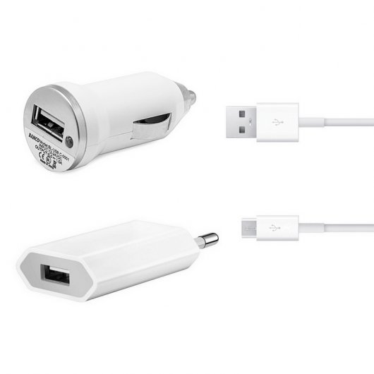 Kit 3 en 1 Cargador Red y Coche Blanco Micro USB