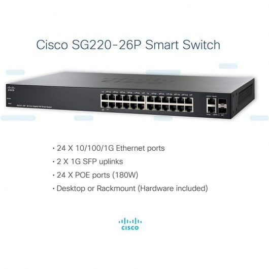 Cisco SG220-26P Switch de Red 26 Puertos Gigabit PoE Smart Switch Negro